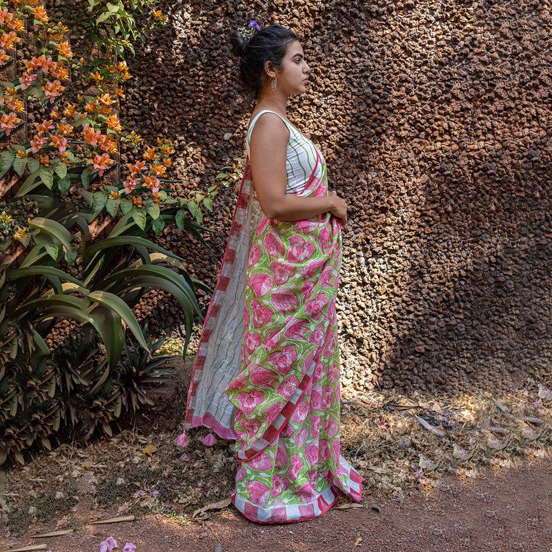 Pure Linen Saree | Hand Block Print | Bougainvillea | Pink & Green