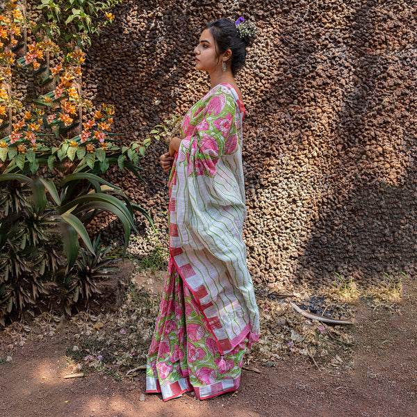 Pure Linen Saree | Hand Block Print | Bougainvillea | Pink & Green