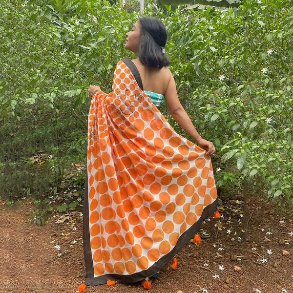 Mulmul Cotton Saree | Hand-Dyed | Handblock Printed | Orange