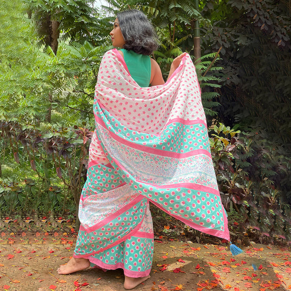 Mulmul Cotton Saree | Hand-Dyed | Handblock Printed | Green