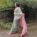Mulmul Cotton Saree | Hand-Dyed | Handblock Printed | Olive & Pink