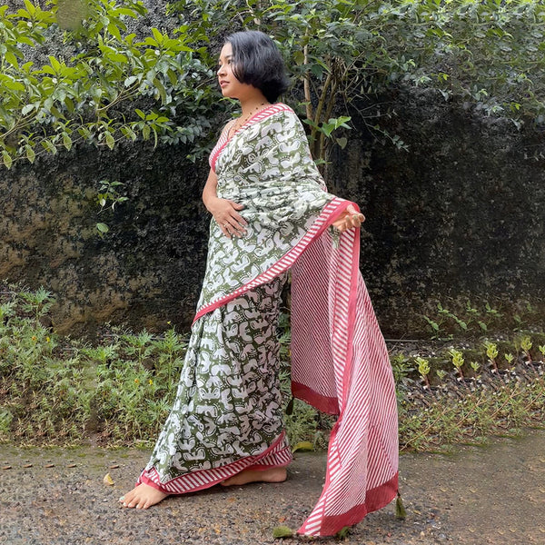 Mulmul Cotton Saree | Hand-Dyed | Handblock Printed | Olive & Pink