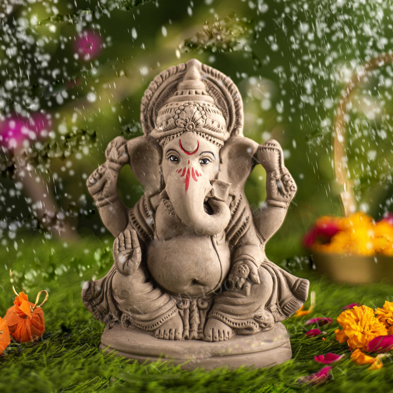 Lord Ganpati Idol | Eco Friendly Ganesh Idol | Clay | Brown | 8 inches