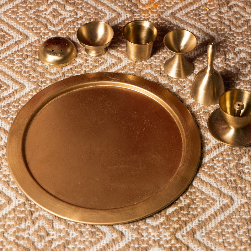 Brass Pooja Thali Set | Set of 7 | Antique Gold