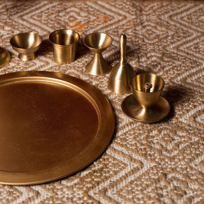 Brass Pooja Thali Set | Set of 7 | Antique Gold