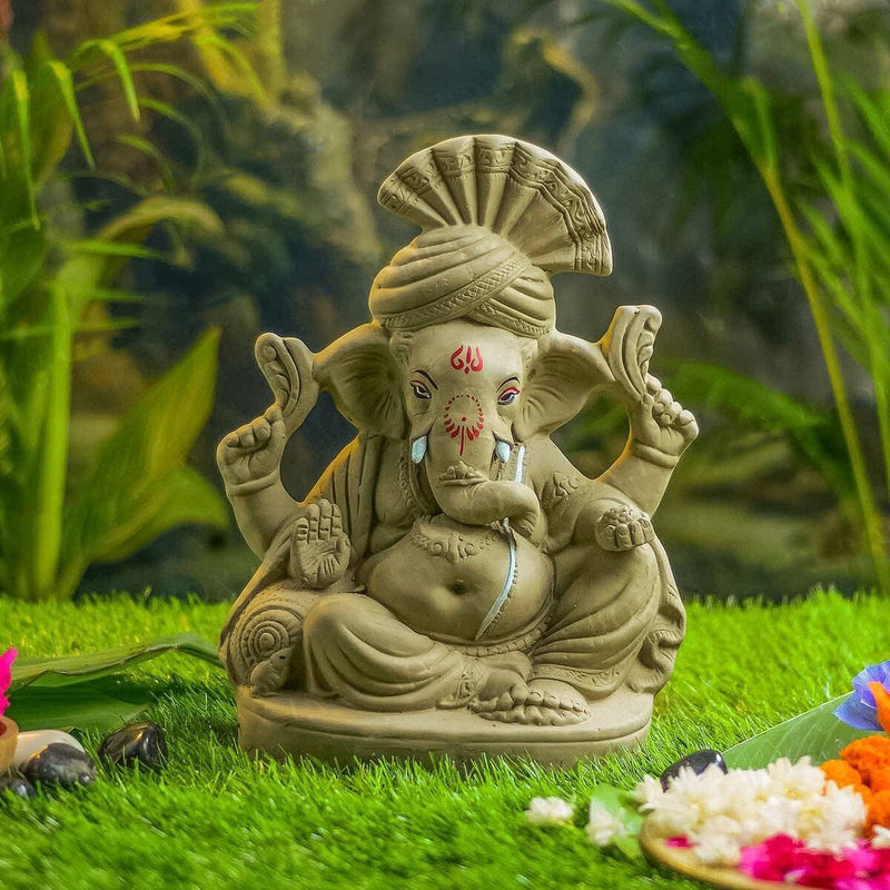 Ganesha Idol for Pooja Room | Eco Friendly Ganpati Idol | Clay | Brown | 12 inches
