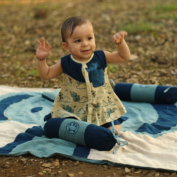 Cotton Jabla Frock | Blue & Beige