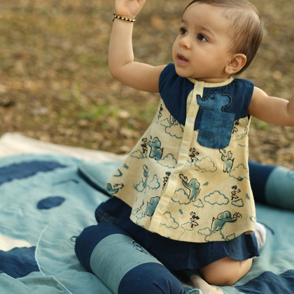 Cotton Jabla Frock | Blue & Beige