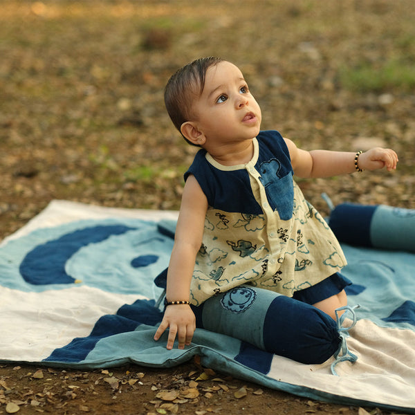 Cotton Jabla Frock | Blue & Beige