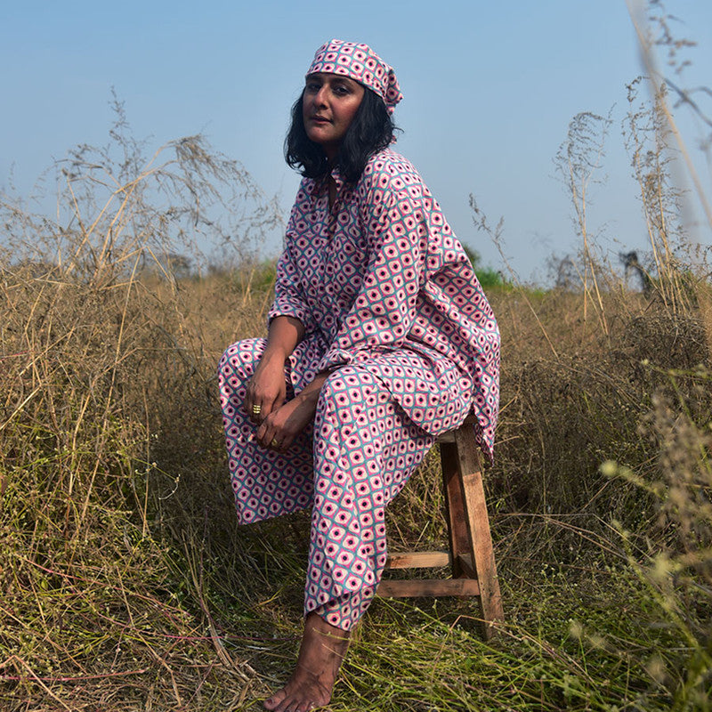 Cotton Oversized Shirt | Handblock Printed | Pink & Blue