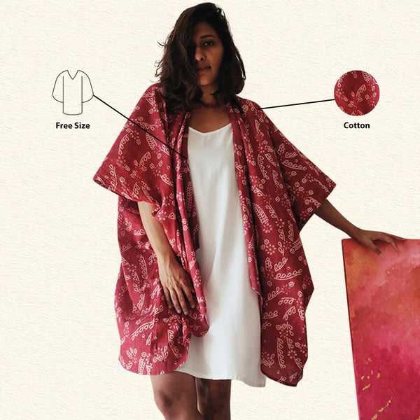 Summer Jacket for Women | Cotton Printed Kimono | Maroon | Free Size