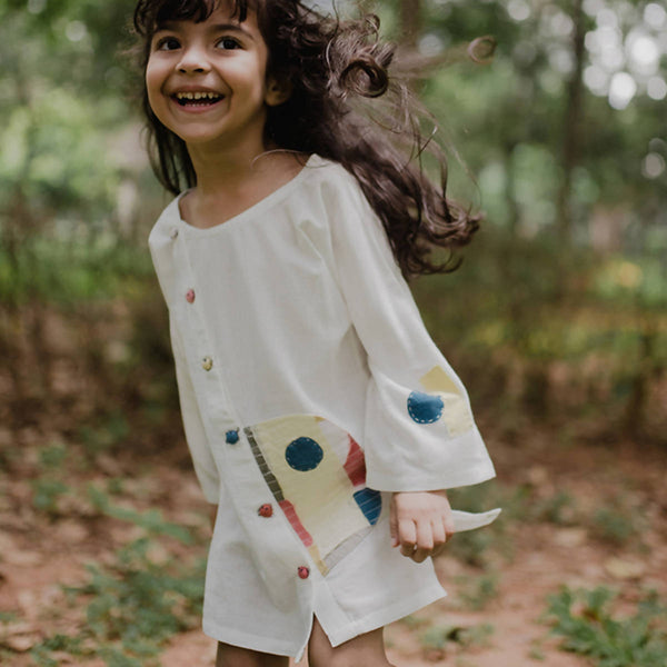 Milky White Boro Handcrafted Kurta for Girls