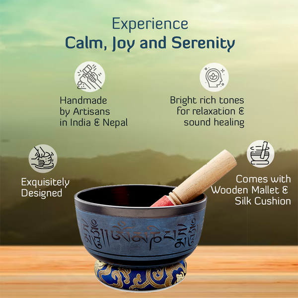 Rustic Blue Mantra Singing Bowl with Cushion & Wooden Mallet | Sound Healing Essentials