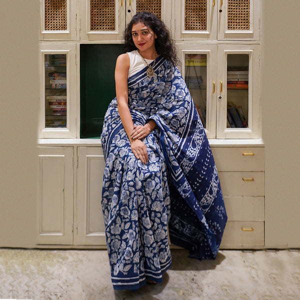 Mulmul Cotton Saree | Bagru Handblock Print | Indigo