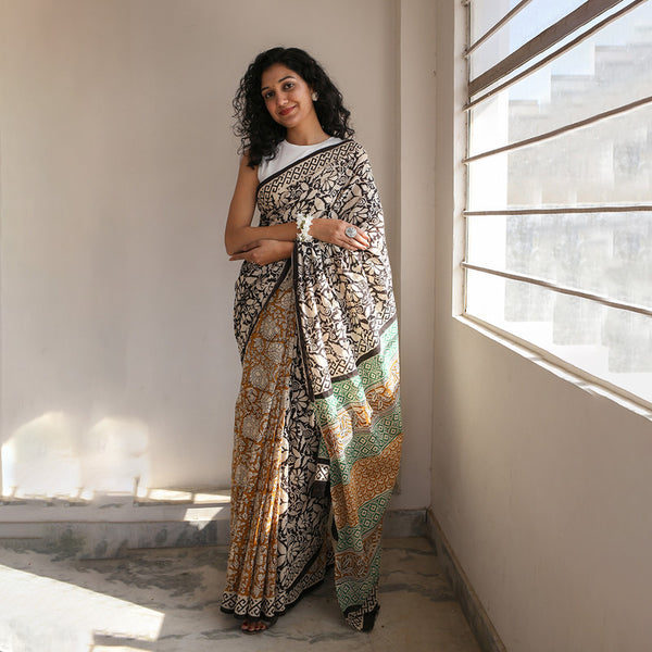 Mulmul Cotton Saree | Dabu Hand Block Print | Multicolour