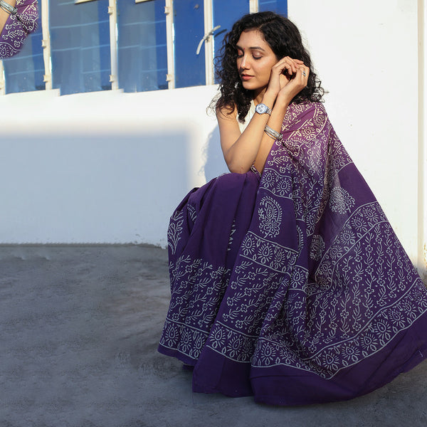 Mulmul Cotton Saree | Bagru Hand Block Print | Dark Violet