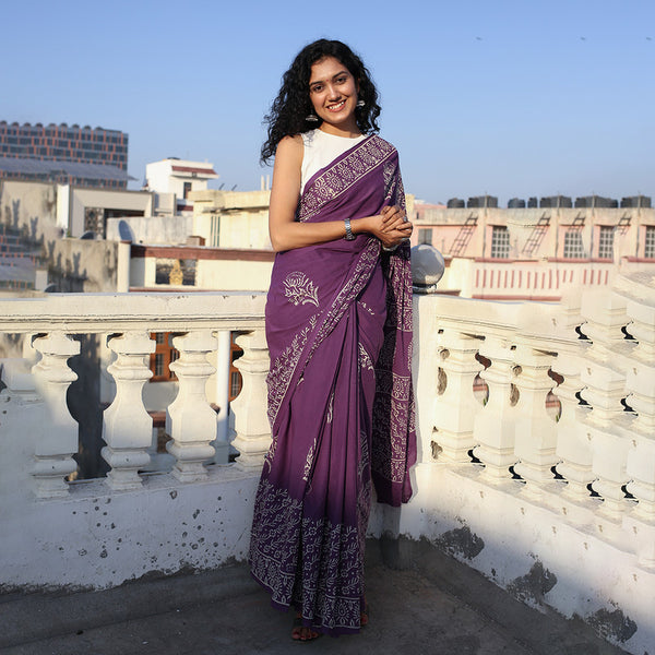 Mulmul Cotton Saree | Bagru Hand Block Print | Dark Violet