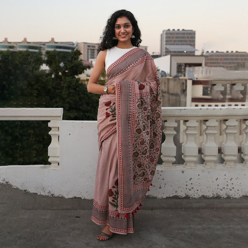 Mulmul Cotton Saree | Dabu Handblock Print | Dull Salmon