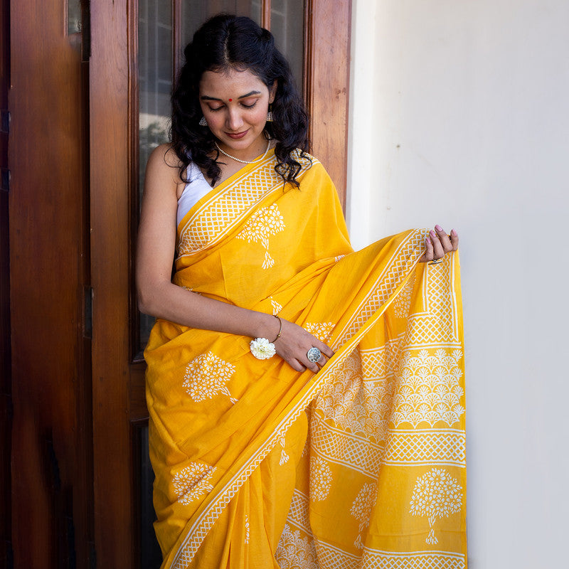 Mulmul Cotton Saree | Hand Block Printed | Haldi Yellow