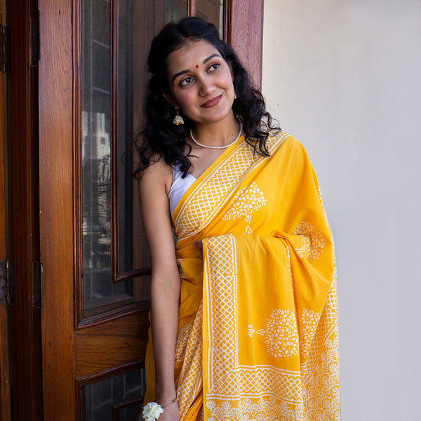 Mulmul Cotton Saree | Hand Block Printed | Haldi Yellow