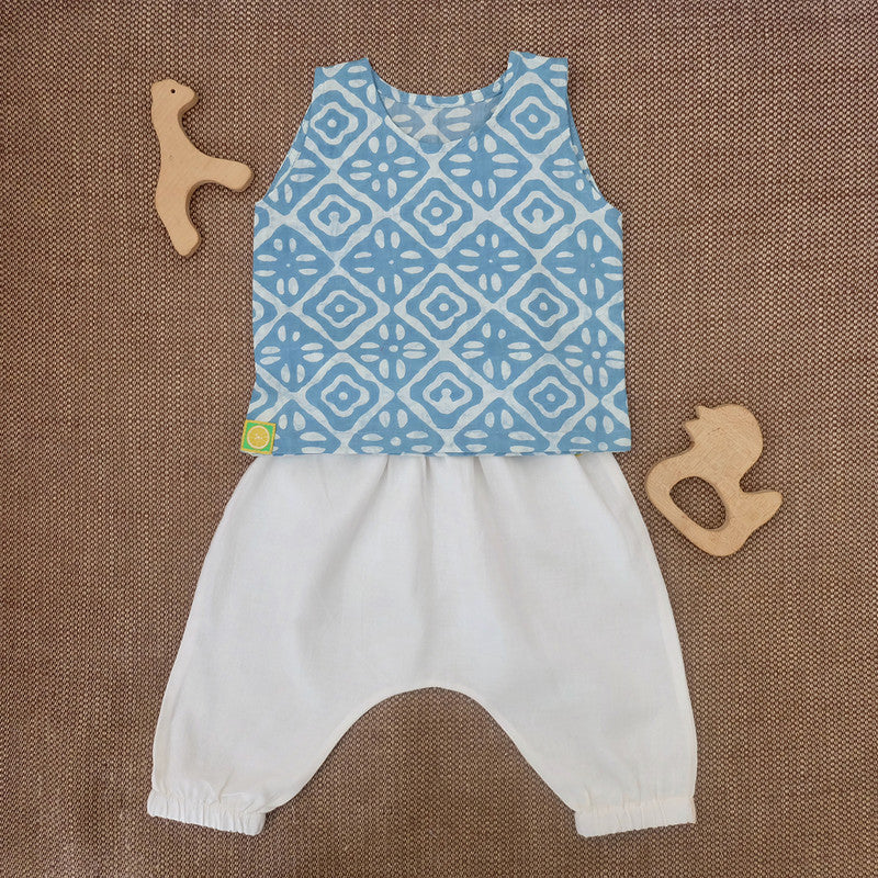 Cotton Baby Jabla and Pants Set | Printed | Blue