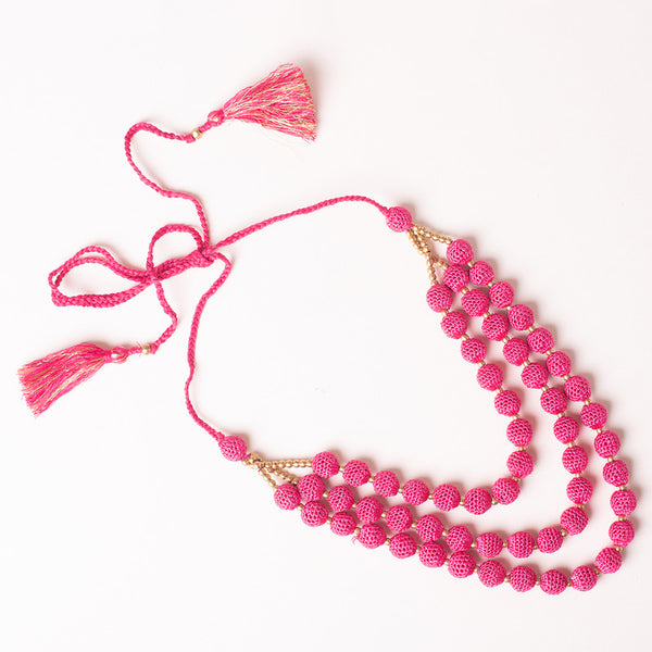 Wooden & Brass Beaded Thread Necklace | Pink