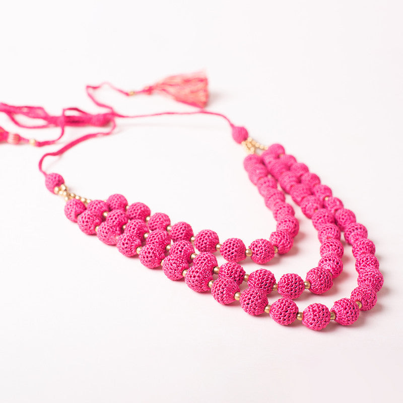 Wooden & Brass Beaded Thread Necklace | Pink