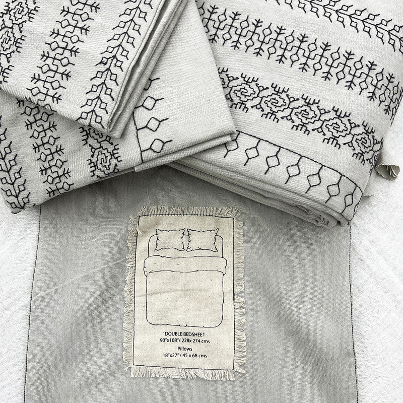 Pure Cotton Double Bed Sheet Set | Embroidered Border | Grey | 228 x 274 cm