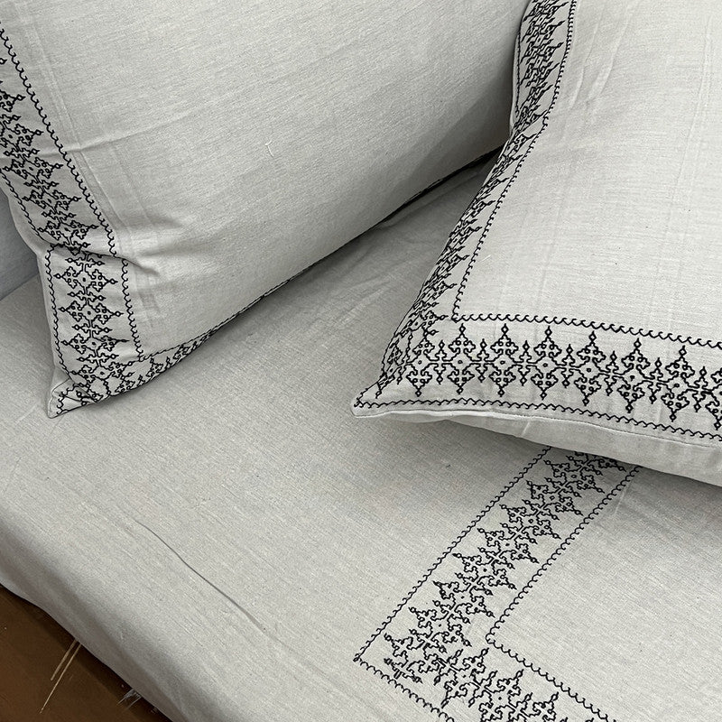 Pure Cotton Double Bed Sheet Set | Embroidered | Grey | 228 x 274 cm