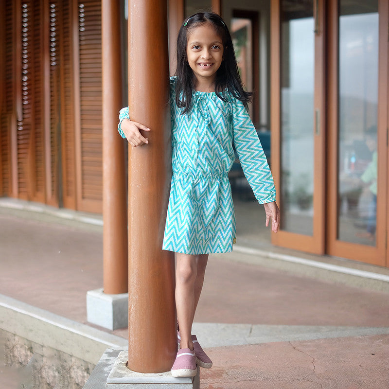 Cotton Tiered Dress for Kids | Blue & Green