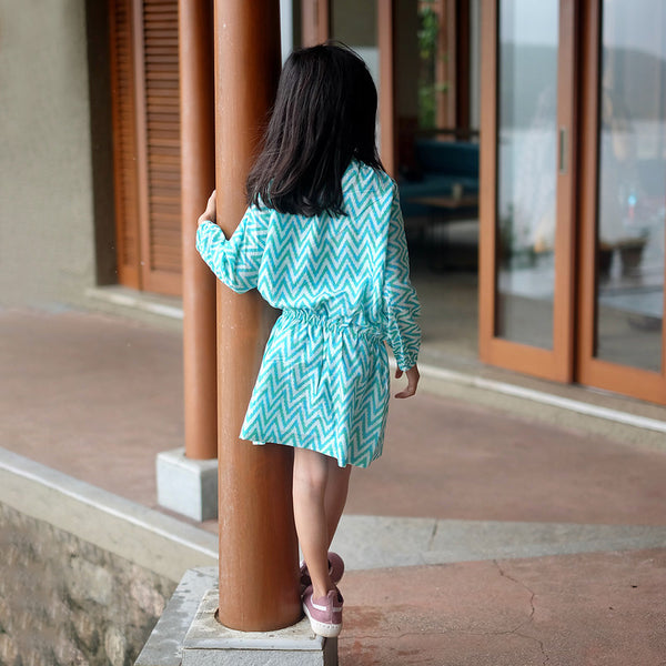 Cotton Tiered Dress for Kids | Blue & Green