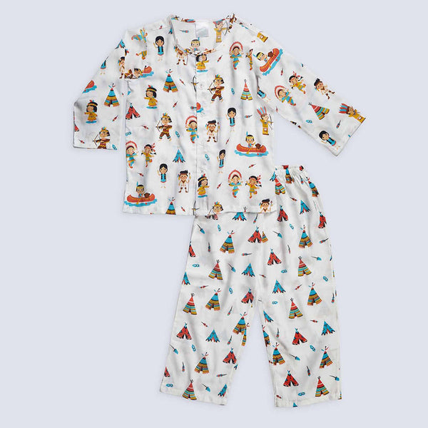 100% Cotton Kids Shirt & Pyjama Set | White Tribal