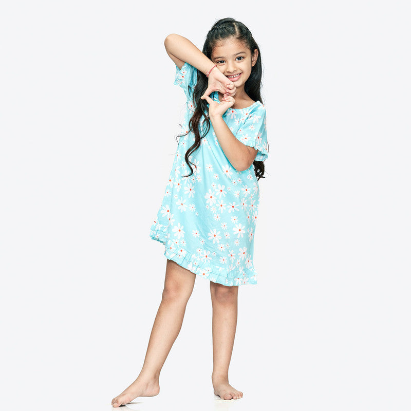 100% Cotton Nighty for Girls | Blue Daisy