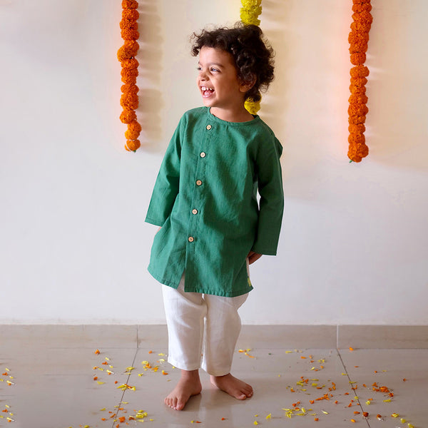 Cotton Kurta for Kids | Traditional Ethnic Wear | Solid Pattern Kurta with White Pyjama | Green