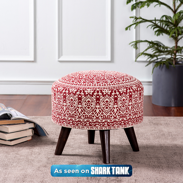 Mango Wood Ottoman | Cotton Canvas | Red | L-16xW-16xH-14 Inches