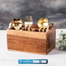 Teak Wood & Iron Teak Wood Cutlery Holder | Brown & Gold