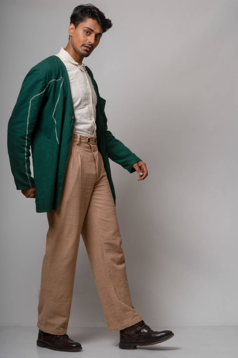 Handcrafted Pure Cotton V-neck Jacket | Green