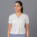 Cotton Checkered Top | Button Down | Off White & Blue