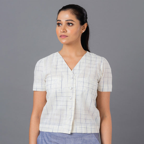 Cotton Checkered Top | Button Down | Off White & Blue