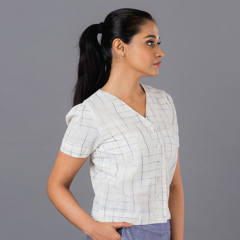 Cotton Checkered Top | Button Down | Off White & Blue