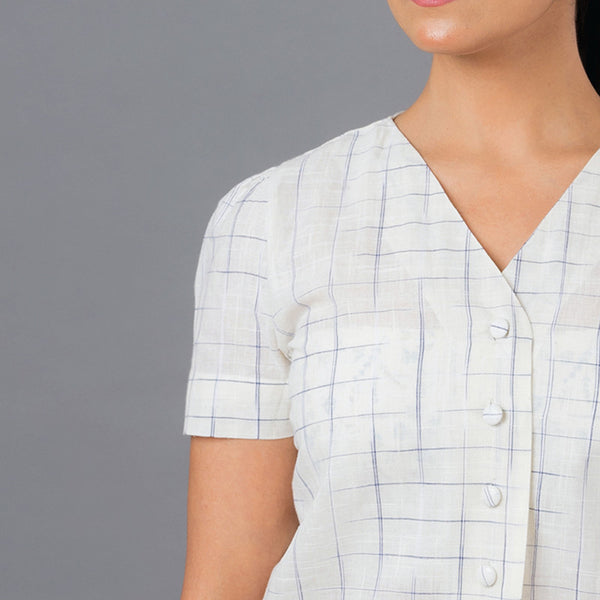 Cotton Checkered Top | Button Down | Off White & Blue