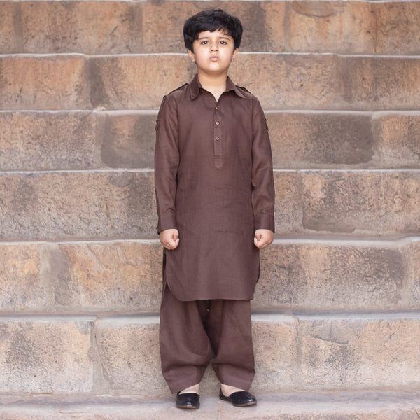 Pure Linen Pathani Kurta Set for Boys | Brown