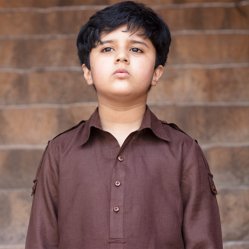 Pure Linen Pathani Kurta Set for Boys | Brown