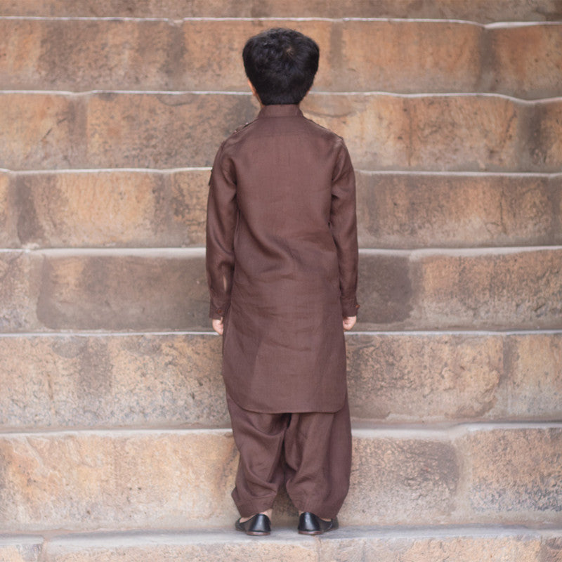 Pure Linen Pathani Kurta Set for Boys | Brown