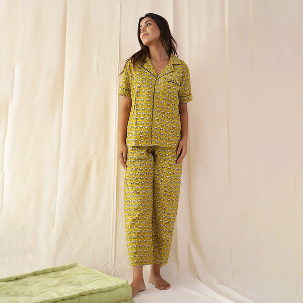 Cotton Nightsuit Set | Camel Print | Green