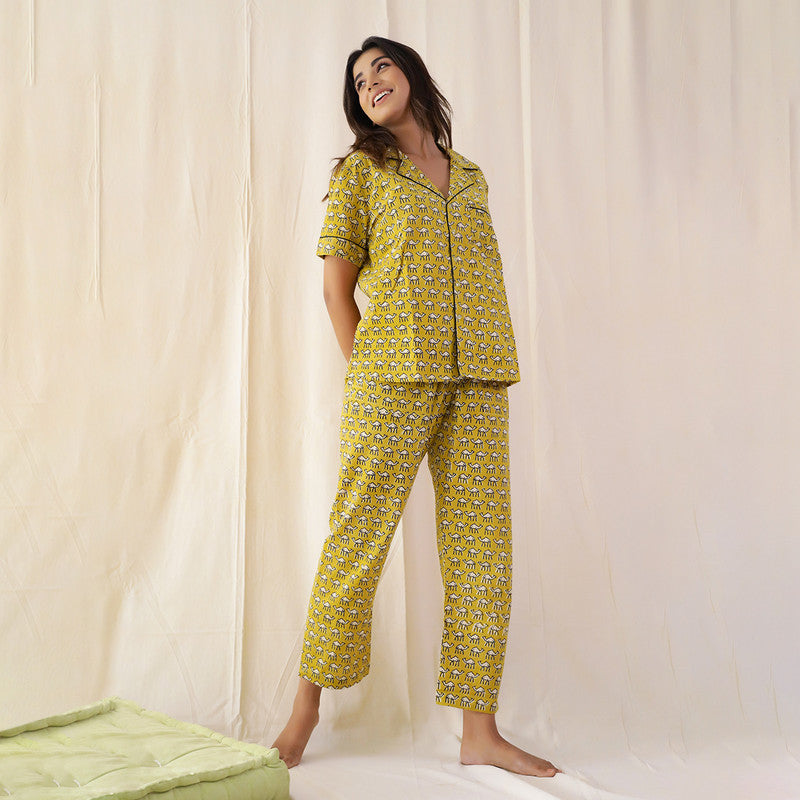 Cotton Nightsuit Set | Camel Print | Green