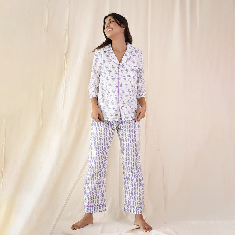 Cotton Loungewear Set | Flamingo Print | White