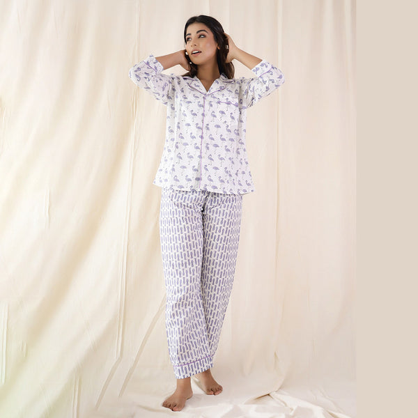 Cotton Loungewear Set | Flamingo Print | White