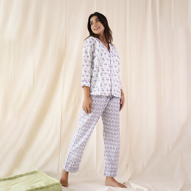 Cotton Loungewear Set | Flamingo Print | White