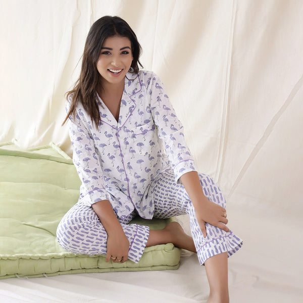 Cotton Loungewear Set | Flamingo Print | White